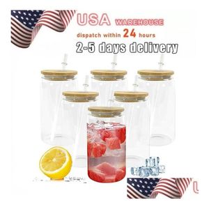 Waterflessen usa stock 16 oz sublimatiemokken met bamboe deksel st glazen tuimelaars diy spaties helder blikje can cups warmte overdracht ijskoffie dh4cg