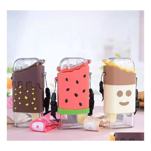 Botellas de agua al por mayor Botella de helado de donut lindo de verano con St Creative Square Watermelon Cup Portable a prueba de fugas Drop Delivery H Dhu91