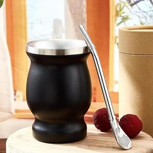 Waterflessen yerba mate cup set dubbele muur roestvrijstalen kalebasvorm met bombilla theekop reinigingsborstel antioxidant rijke energie