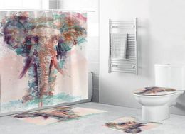 Water Color Elephant Shower Gordijn Polyester 4 -delige badkamerset Tapijtomslag Toiletafdekking Badmat Kussen voor Home Decor T2007111831770