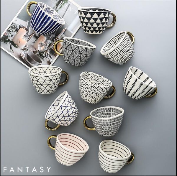 Taza de agua, tazas de sujeción chapadas en oro, tazas de café con adornos geométricos agradables irregulares