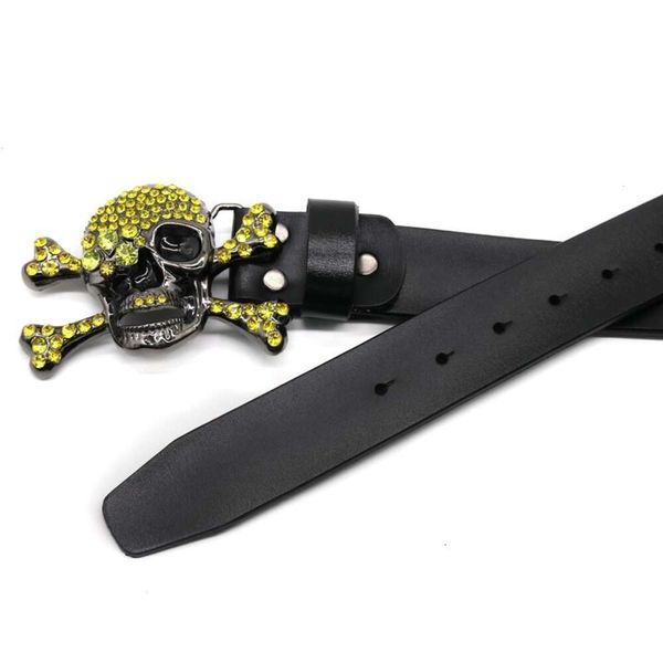 Cinturón con cabeza de calavera con diamantes de agua, cinturón de cuero auténtico personalizado estilo Hip Hop callejero, decoración por lotes