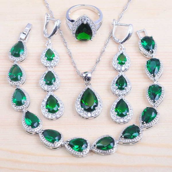 Gota de agua verde Cubic Zirconia Color plata juegos de joyas para mujer traje pendientes/Collar/pulsera/anillo mejor regalo QS181 H1022