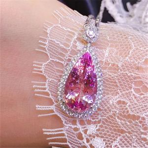 Goutte d'eau rose diamant collier en argent Sterling fête mariage pendentifs collier pour femmes fiançailles tour de cou bijoux cadeau