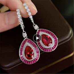 Water Drop Ruby Diamond Dangle Earring 100% Echt 925 sterling zilveren Bruiloft Oorbellen voor Vrouwen Promise Engagement Sieraden