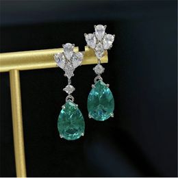 Agua Emerald Diamond Dangles Pendiendo 100% Real Sterling Sier Stud Wedding Pendientes para mujeres Joyería de compromiso de compromiso
