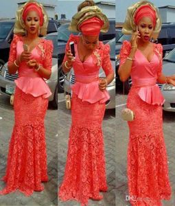 Water Melon 2K17 Prom Dresses V Neck Half Sheeves Peplum kant en Satin Mermaid avondjurken Aso Ebi African Vestidos Party Dress8276964