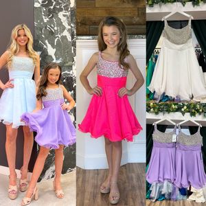 Water Melon Girl Pageant Dress 2023 Hasta la rodilla A-Line Beading Pearl Organza Little Kid Birthday Vestidos de fiesta formales Infant Toddler Teens Tiny Young Junior Miss Lilac