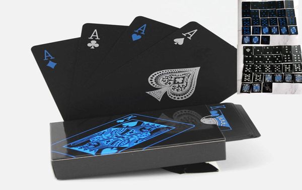 Cartes de Poker en PVC noir pur étanche à l'eau, cartes noires pures, police bleue argentée, cartes à jouer magiques 63mm 88MM 140g6042992