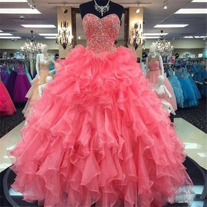 Water Rood Organza Baljurk Quinceanera Jurken met Crystal Beaded Sweetheart Ball-toga Prom Dresses Lace Up Vestido de Fiesta Prom-jurken