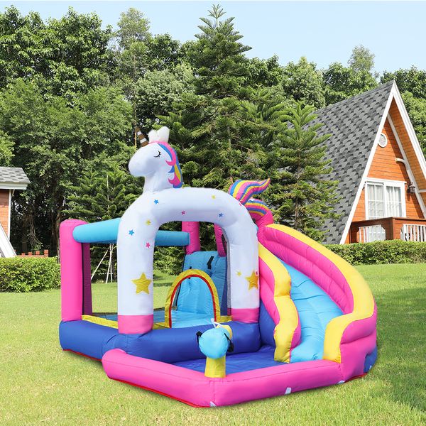 Tobogán acuático Castillo de salto Parque de toboganes acuáticos para niños Patio trasero Casa de rebote de unicornio inflable Casa de juegos para niños Juego al aire libre con soplador para piscina húmeda y seca Piscina de bolas