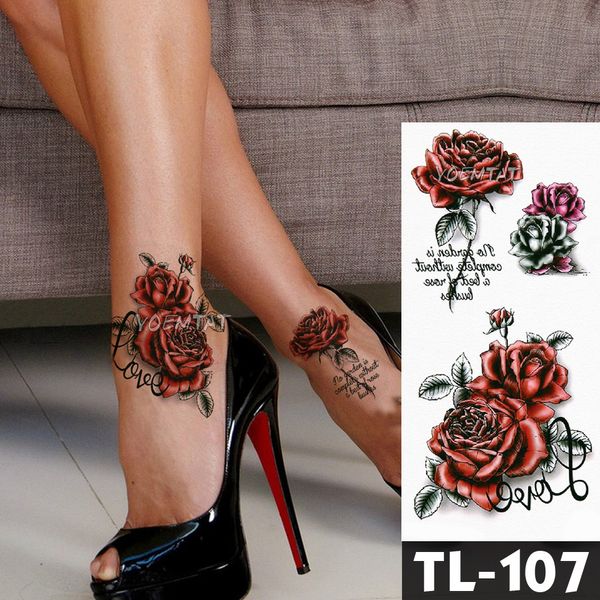 Transfert d'eau Rose Foncé Henné Dentelle Rose Fleur Tatouage Temporaire Autocollant Papillon Motif Corps Art Étanche Faux Flash Tatouage