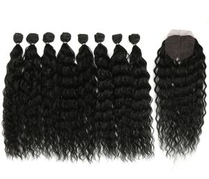 Faisceaux de cheveux ondulés avec fermeture cheveux synthétiques Ombre Blonde cheveux gris argentés 9PcsPack 20 pouces Fiber1243594