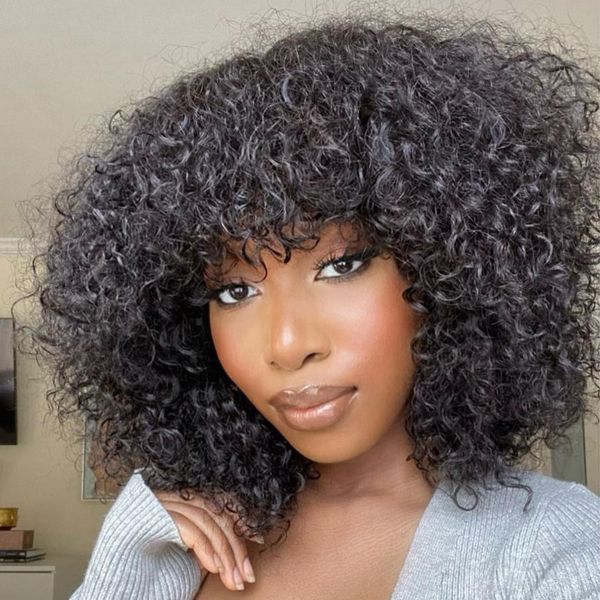 Olada de agua Peluces de cabello humano con flequillo Máquina completa hecha Jerry Curly Short Human Hair Wig s Para mujeres Pixie Cut Wig Bob Bob