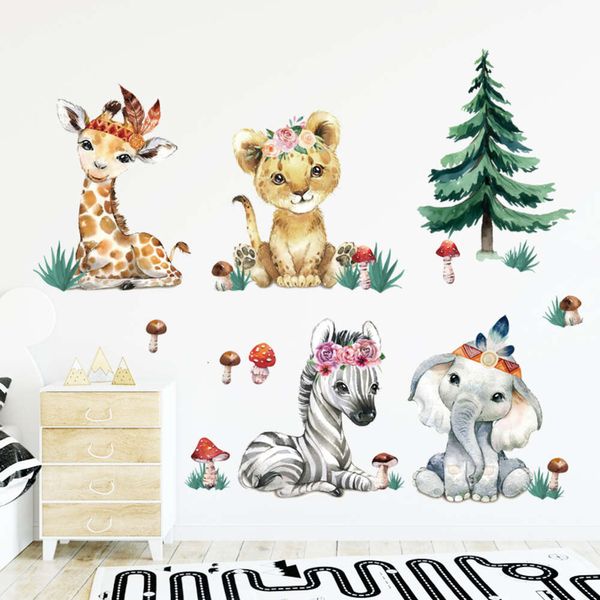 Conjunto de pegatinas de pared de animales africanos en acuarela, elefante, jirafa, árbol, hierba, calcomanías de pared para habitación de niños, guardería, decoración del hogar