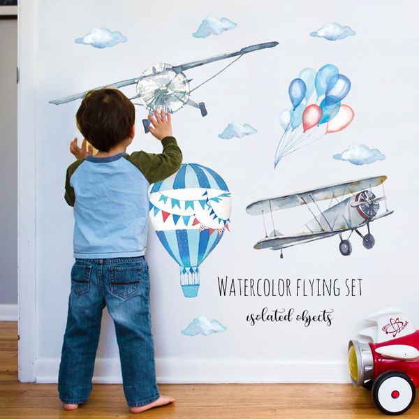 Aquarelle avion montgolfière autocollant mural enfants chambres de bébé décoration de la maison PVC stickers muraux pépinière autocollants papier peint