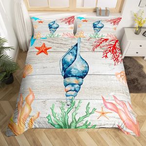 Housse de couette conque bleue aquarelle, ensemble de literie sur le thème de l'océan, couette de créatures marines, couette de plage en Polyester, 240106