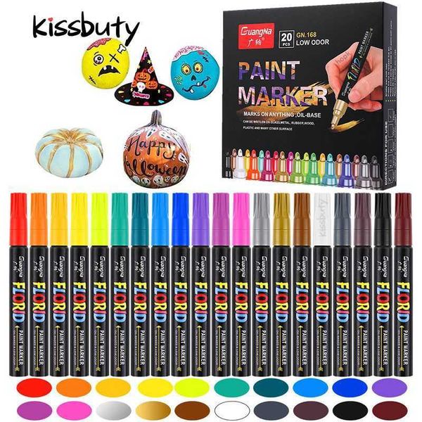 Aquarelle Pinceau 20 Couleurs Peinture Marqueurs Stylos À Base D'huile Art Marqueur Stylo pour Roches Peinture Bois Tissu Plastique Tasses En Verre DIY Artisanat P230427