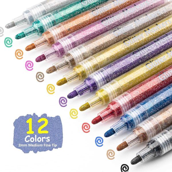 Aquarelle Pinceau Marqueurs Stylo 12 Couleurs 3mm Glitter Métallique Peinture Stylos pour Enfants Adultes Carte De Voeux Art Dessin Rock Peinture Affiches P230427