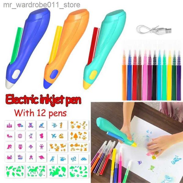 Stylos à pinceau aquarelle Stylo de pulvérisation d'aquarelle électrique pour enfants Pinceau de couleur peint à la main Lavable 12 couleurs Stylo de pulvérisation Jouets pour enfants Cadeau de Noël Q231212