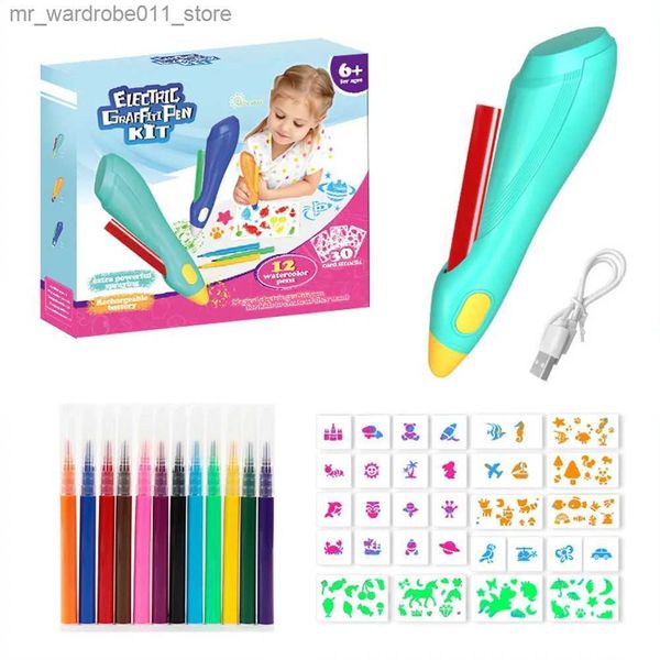 Pincel de acuarela Plumas Niños Eléctrico Graffiti Pen Set Magic Spray Lavable Arte Pintura Marcadores Aerógrafo BlowPen Recargable 3 Plantillas Doodle Dibujo Q231212