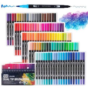 Waterverf borstel pennen markers 12-120 gekleurde viltpunt tekenen Aquarel Art Marker Pen Dual Brush Fine Line Color Pen Set gebruikt voor kalligrafie en schilderen WX5.27