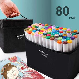 Stylos pinceaux aquarelle Tianhao 30/40/60/80 Couleur Animation Art Marker Set Marqueurs à base d'alcool Stylo pour dessin Manga Cartoon Sketch Peinture A6232 P230427