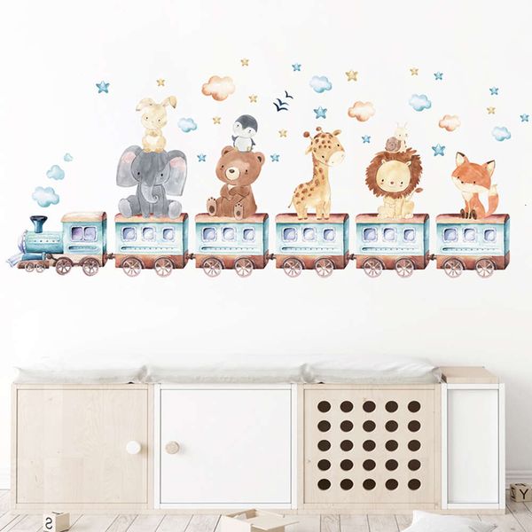 Autocollants muraux animaux de dessin animé aquarelle dans le Train, ours, éléphant, girafe, pour chambre d'enfants, chambre de bébé, chambre d'enfant, Stickers muraux