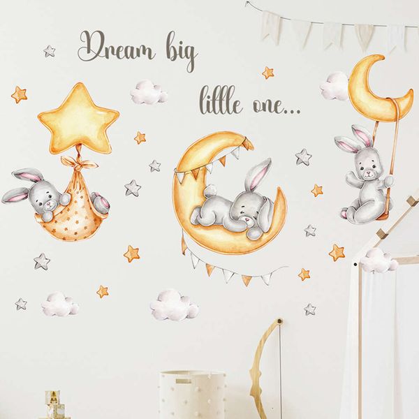 Aquarelle dessin animé mignon Bunny Gold Moon Stars Wall Autocollants muraux pour enfants chambre bébé chambre de chambre de chambre.
