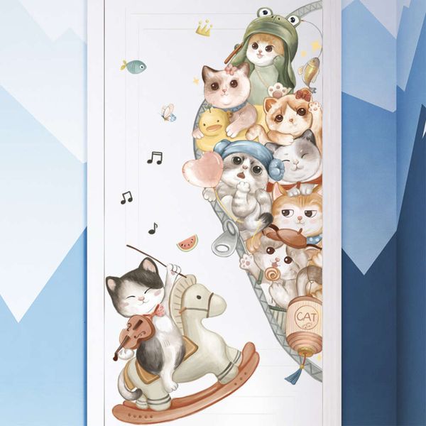 Autocollants muraux de chats mignons de dessin animé aquarelle, autocollants de porte, autocollants de fenêtres pour chambre d'enfants, sparadrap muraux de pépinière de bébé, papier peint Mural