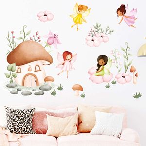 Aquarel cartoon feeën tuin en planten muurstickers bloem paddestoel muurstickers voor babymeisje kinderkamer slaapkamer decor