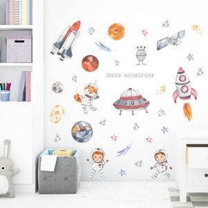 Aquarel Cartoon Outer Space Ufo Rocket Planeet Astronaut Muurstickers Baby Kinderkamer Muurtattoo Home Decoratieve Stickers
