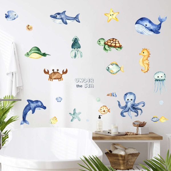 Autocollants muraux de créatures sous-marines, dessin animé aquarelle, poisson, tortue, poulpe, pour salle de bains, chambre à coucher, toilettes en verre, baignoire