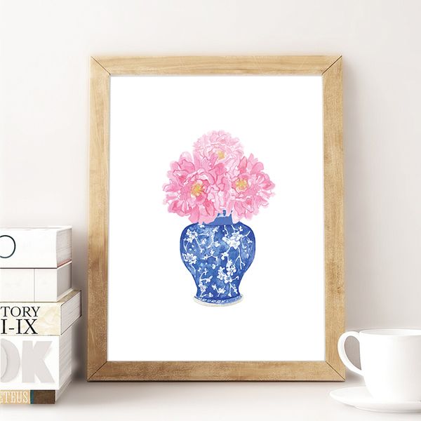 Aquarelle Chinoiserie Vase avec affiche de fleurs roses Impression