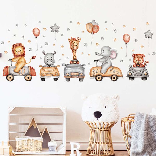 Acuarela lindos animales bebés coches globos pegatinas de pared de estrellas para habitación de niños sala de juegos pegatinas decorativas para el hogar decoración del hogar Pvc