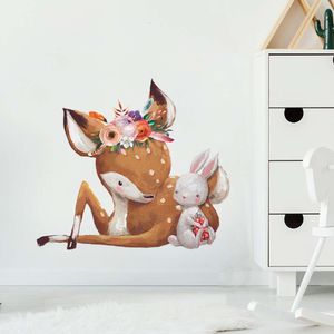 Autocollants muraux aquarelle cerf et lapin amis, sparadrap muraux décoratifs pour meubles de chambre de bébé, en PVC