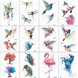 Acuarela Flash temporal colibrí tatuaje mujeres libélula pájaros arte corporal tatuajes impermeable falso DIY pintura tatuajes pegatina