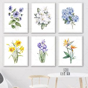 Waterverfbloemen planten posters blauw iris hortensia bloemen canvas schilderij prints muur kunst foto's woonkamer