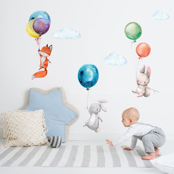 Aquarelle Forêt Animaux Ballon PVC Stickers Muraux Pépinière Art Autocollants Papier Peint Affiches Cadeau Enfants Chambre Amovible Décor À La Maison 220613
