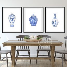 Waterverf gember potje vaas Chinese stijl poster print ming porselein blauw en wit canvas schilderij oosterse kunstkamer woningdecoratie