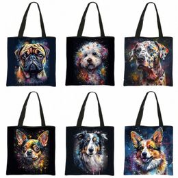 aquarelle Graffiti Dogs Imprimer Sac à bandoulière Femmes Corgi Dalmatiens Totes Sacs Grande Capacité Sac À Main Réutilisable Boutique Sacs Cadeau s9R5 #