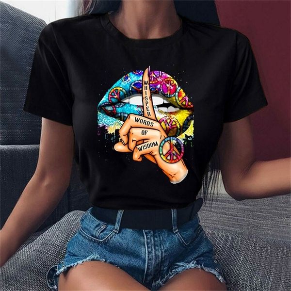 Aquarelle lèvres graphique femmes t-shirt années 90 Ulzzang filles noir t-shirts hauts drôle baiser lèvres chuchotement mots t-shirts vêtements 220708