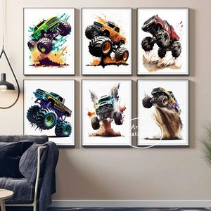 Acuarela Monster Truck Posters Off Road Canvas Painting Prints Wall Art Pictures para sala de estar Habitación de los niños Decoración para el hogar Niños Regalos Sin marco Wo6