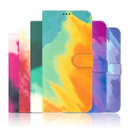 Aquarel verf lederen portemonnee hoesjes voor iphone 13 pro max 12 mini 11 xr xs max 6G 7G 8G kaart slot houder flip cover