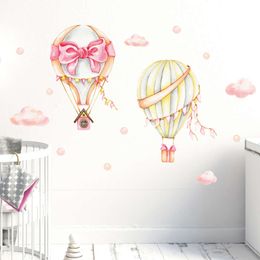 Pegatinas de pared de globo aerostático con lazo rosa de acuarela para habitación de niña, calcomanías de pared de habitación para niños, pegatinas decorativas para el hogar, decoración de PVC diy