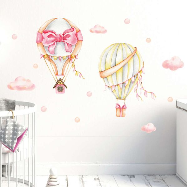 Autocollants muraux de ballon à air chaud avec nœud papillon rose aquarelle, sparadrap muraux pour chambre de fille et d'enfants, autocollants décoratifs pour la maison, décor en PVC, bricolage