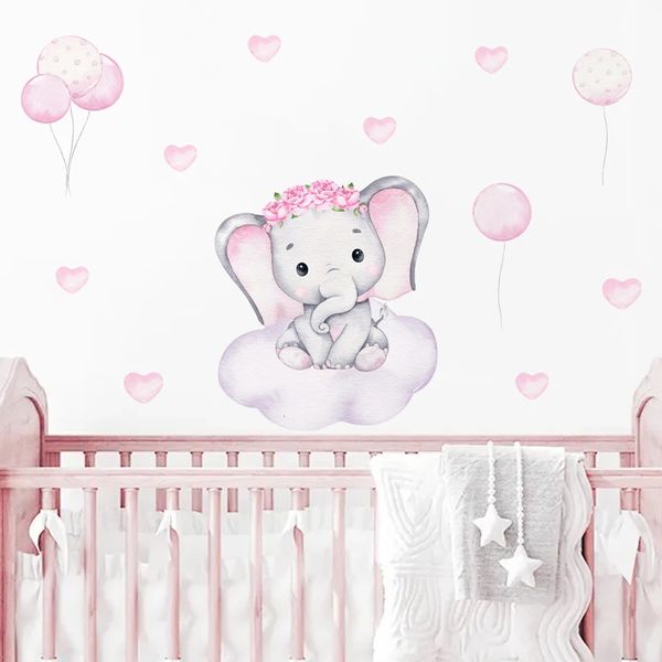 Aquarelle rose Elephant Cloud Wall Stickers For Kids Room Baby Nursery Decoration Decs Boy and Girls Cadeaux PVC 240426
