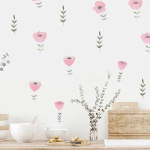 Aquarelle fleurs roses autocollores mural meadow feuilles florales autocollants muraux vinyle boho art mural botanique pour chambre à coucher décor de chambre d'enfants