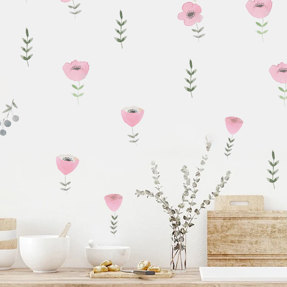 Watercolor Pink Flowers Wall Decal Meadow Floral Leaves Wall Stickers Vinyl Boho Botanical Wall Art for Bedroom Kids Room Decor