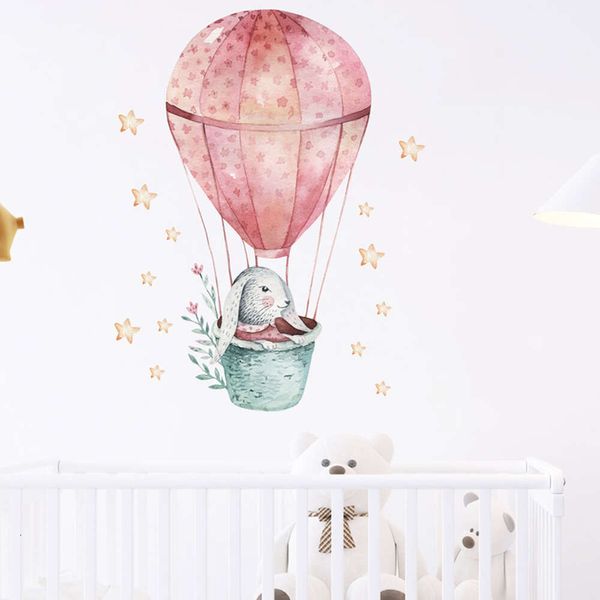 Acuarela rosa globo aerostático conejito pegatinas de pared animales de dibujos animados calcomanías de pared para habitación de niños bebé guardería calcomanías de pared de habitación Pvc